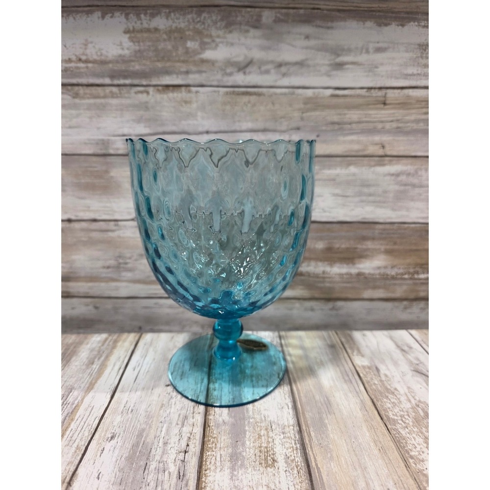 Turquoise Blue Glass Footed Goblet Embossed Diamond Pattern‎ Scalloped Rim